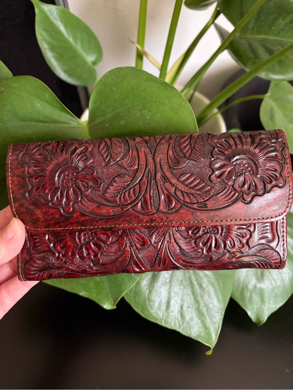 Tooled Floral Leather Wallet - Deep Red - Handmade in Mexico - Alejandro Yeo